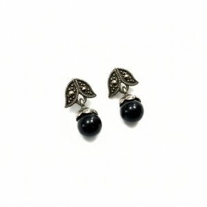 Vintage .925 Sterling Silver Black Onyx & Marcasite Drop Earrings
